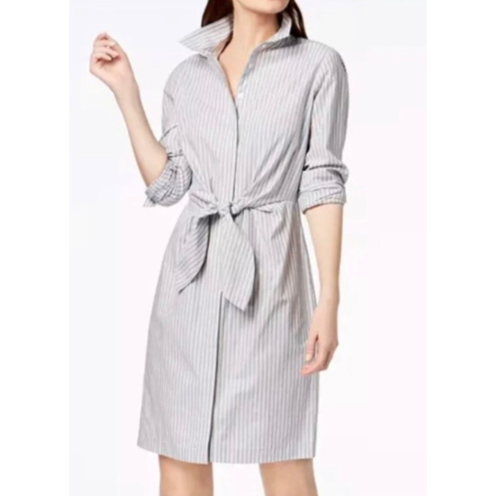 Calvin Klein Shirt Dress 4 Gray White Striped Tie Waist Cotton